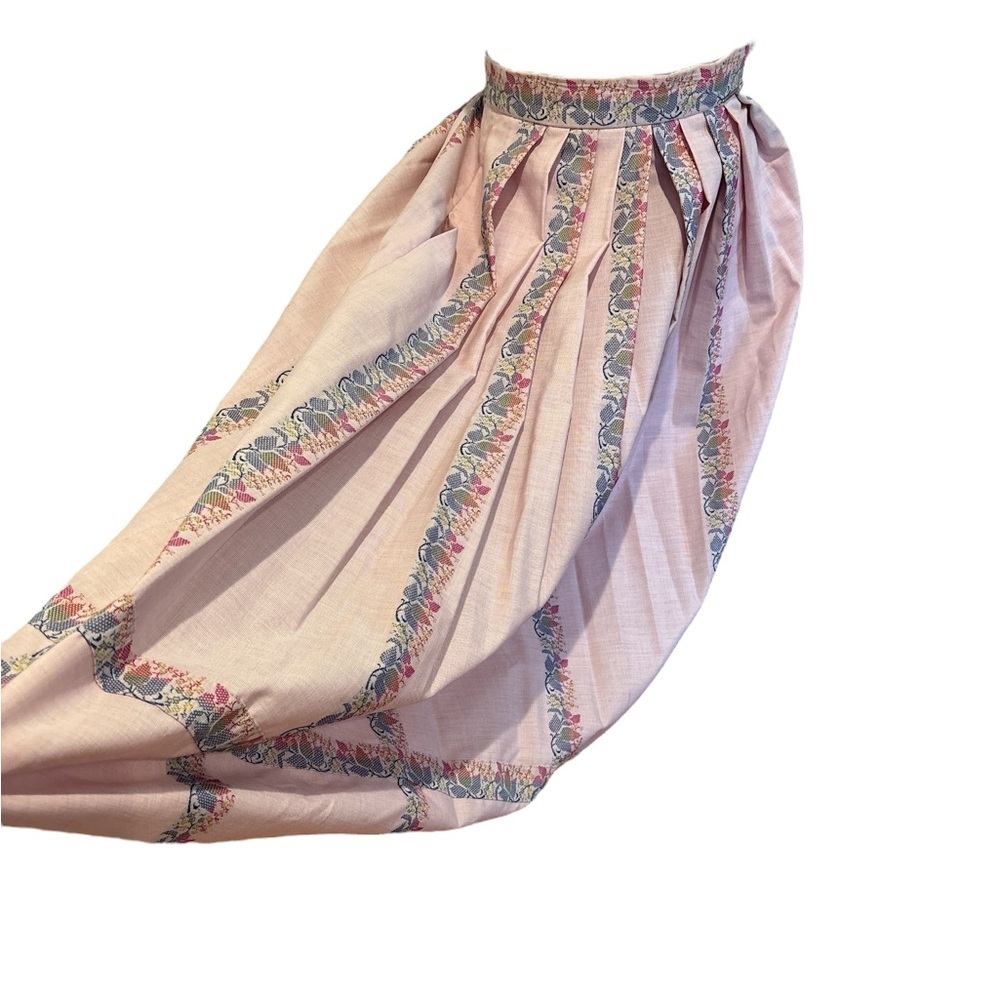 90s GEIGER AUSTRIA PINK & BLUE FLORAL STRIPE PLEAT HIGH WAIST MIDI SKIRT SZ XXS - Picture 3 of 10